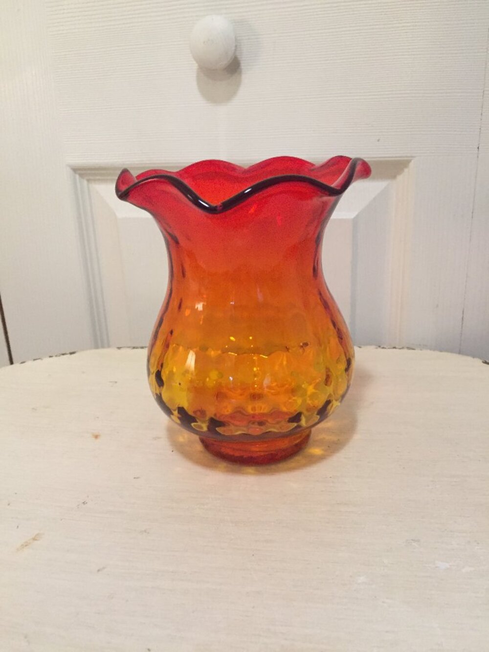 Amberina Red Orange Hand Blown 6” Tall Vase Ruffled Top Vintage Unmarked Blenko?